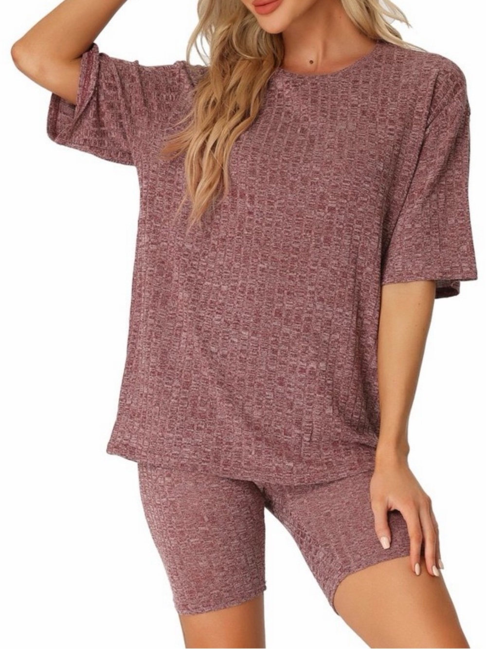 Red Short Sleeve Top with Biker Shorts, Ribbed Knit 2 Piece Set, Size Small